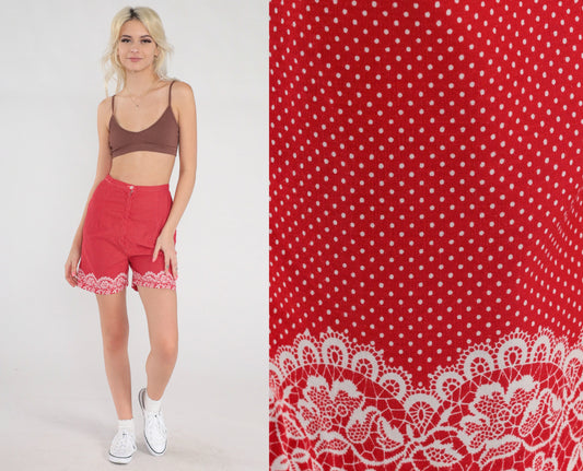 60s Red Polka Dot Shorts High-Waisted Floral Lace Print Extra Small