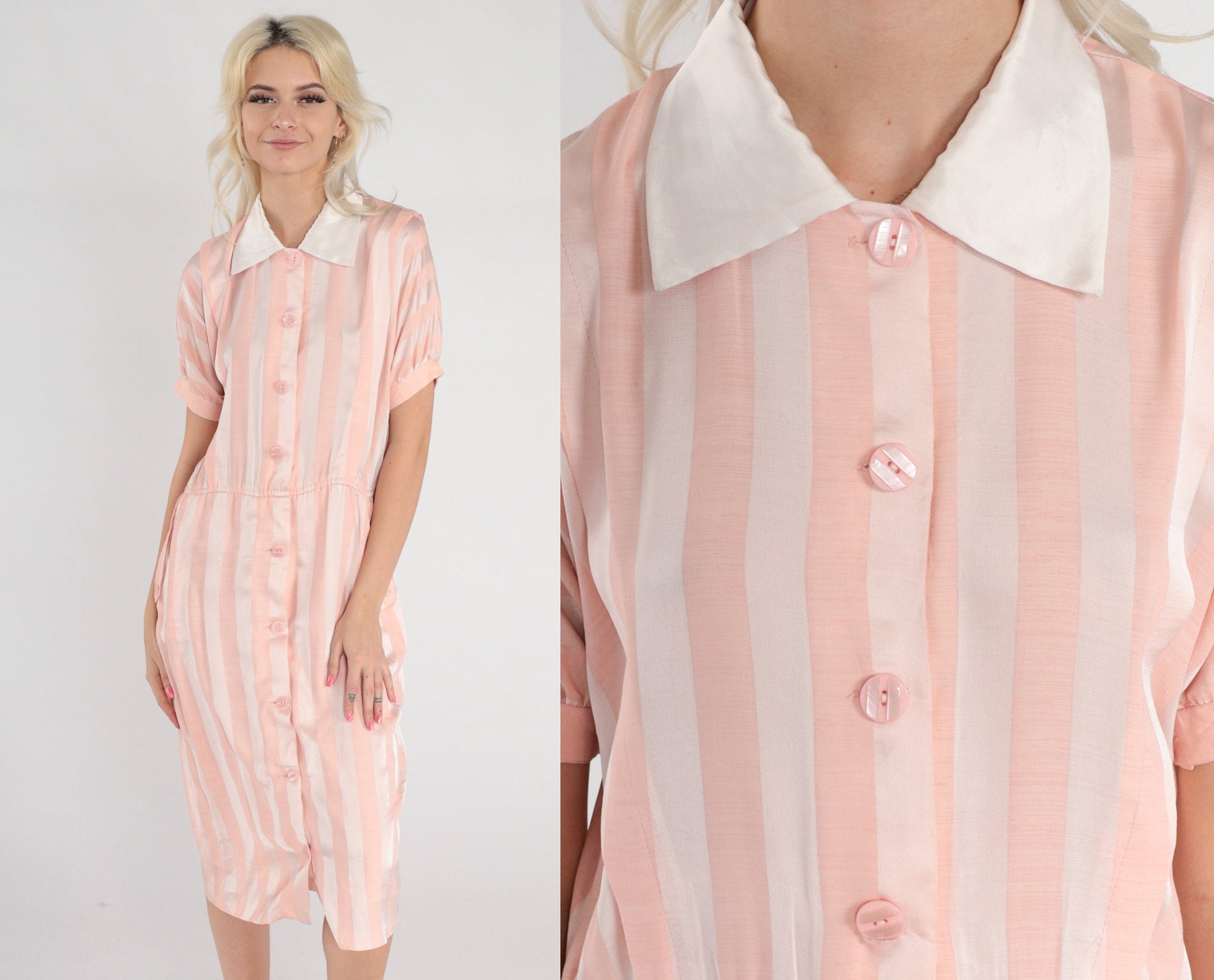 80s Pink White Striped Silk Midi Dress Collared Button-Up Short Sleeve Medium