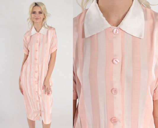 80s Pink White Striped Silk Midi Dress Collared Button-Up Short Sleeve Medium