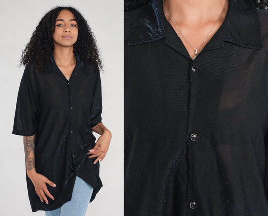 90s Metallic Blue Sparkle Sheer Black Button-Up Blouse Short Sleeve Extra Large XXL