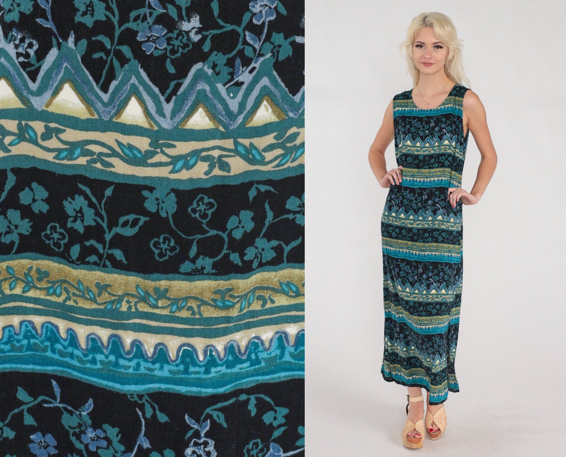 Y2K Striped Floral Maxi Dress Sleeveless Shift Black Blue Side Slit Large L