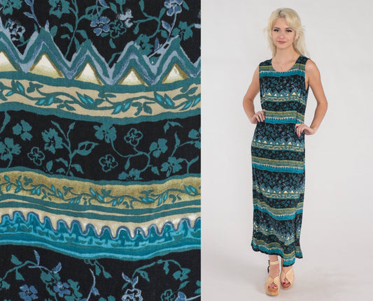 Y2K Striped Floral Maxi Dress Sleeveless Shift Black Blue Side Slit Large L