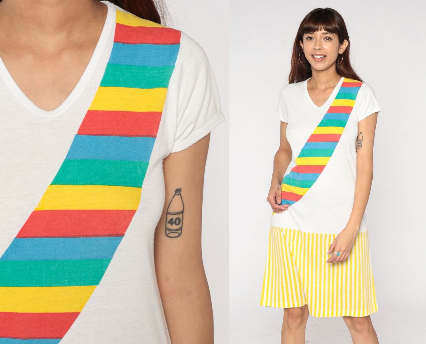 80s Rainbow Sash Striped T-Shirt Dress White Yellow Mini V-Neck Small S