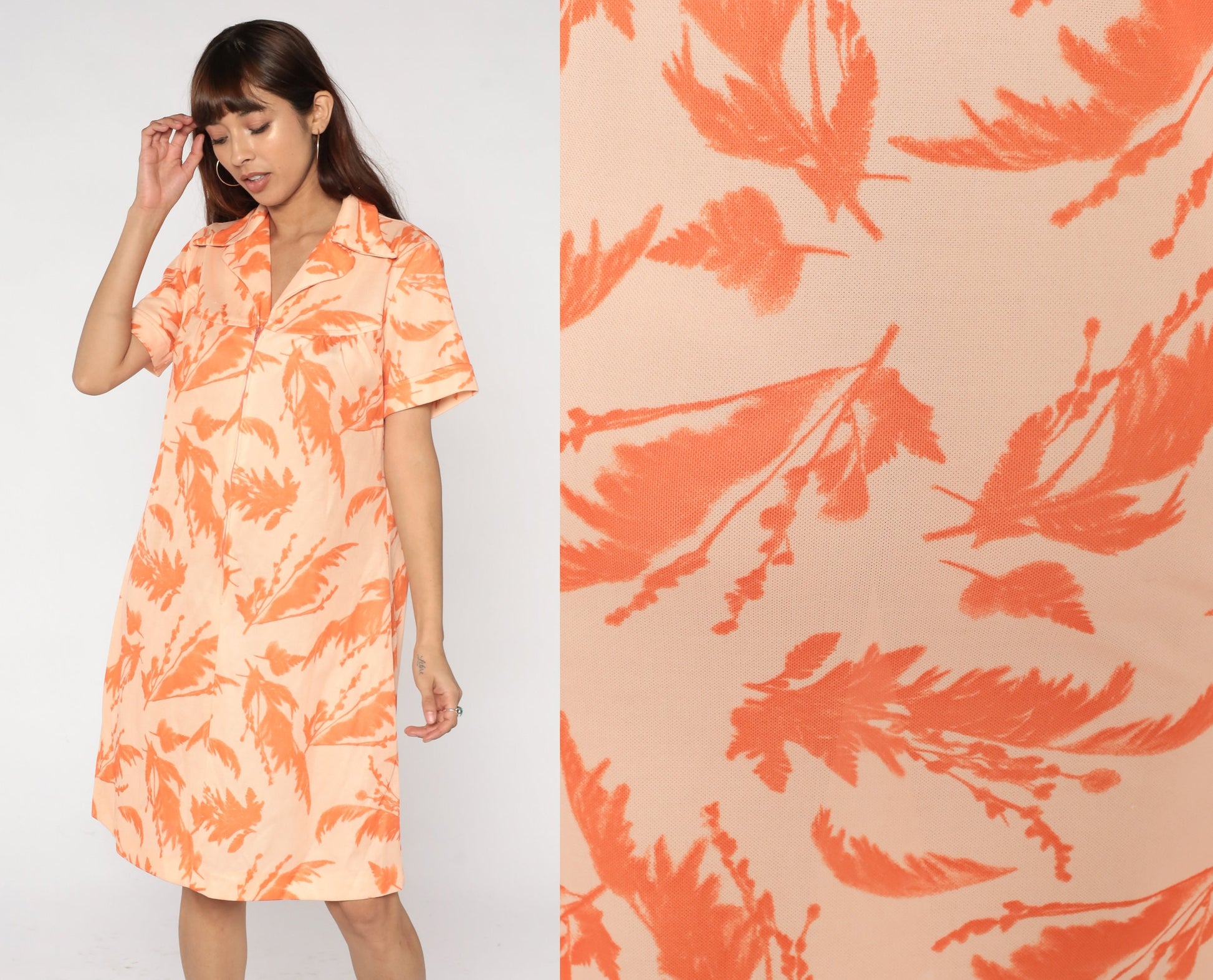 60s Orange Floral Shift Dress Feather Print Zip Front Knee Length XL