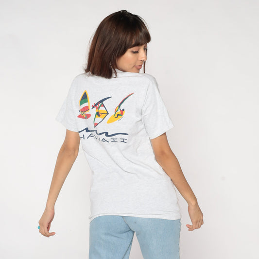 90s Hawaii Windsurfing Graphic T-Shirt Light Grey Cotton Single Stitch Small