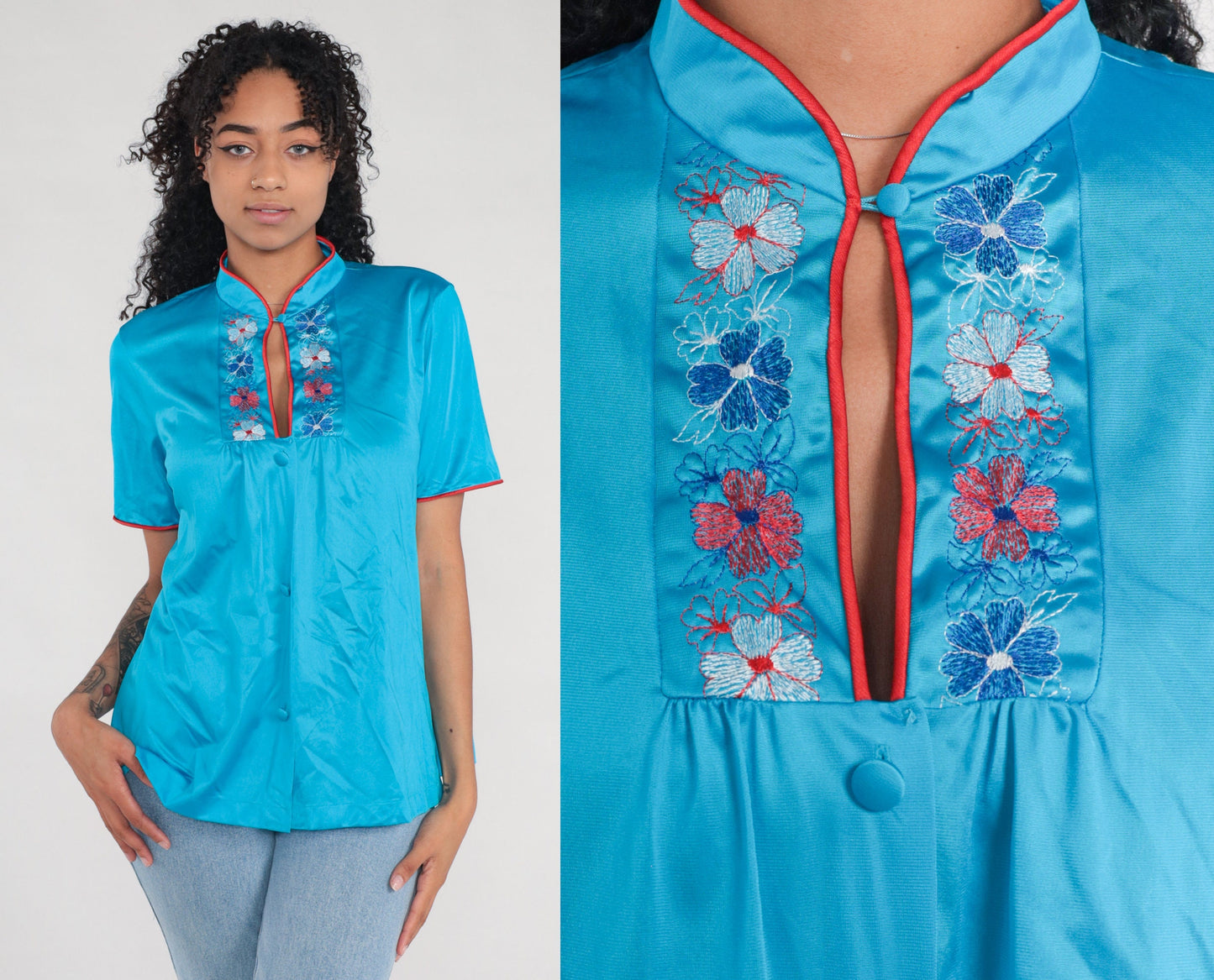 80s Turquoise Nylon Pajama Top Embroidered Floral Button-Up Shirt Large L