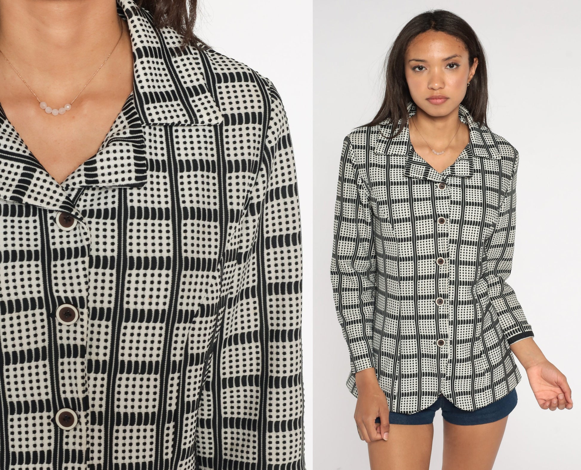 70s Checkered Button-Up Shirt Black White Collared Long Sleeve Medium