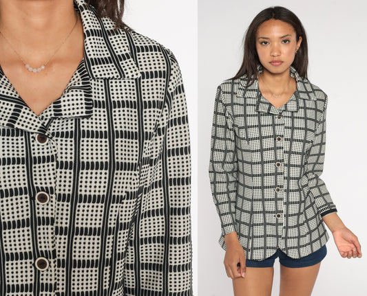 70s Checkered Button-Up Shirt Black White Collared Long Sleeve Medium