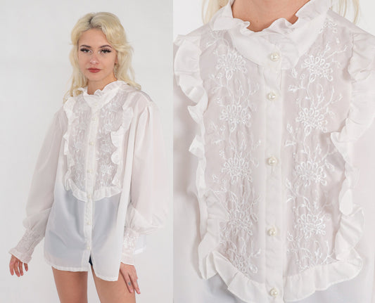 70s White Semi-Sheer Blouse Floral Embroidered Ruffled Bib High Neck Large L