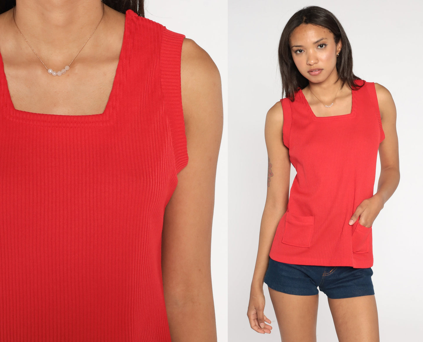 70s Red Ribbed Tank Top Pocket Sleeveless Knit Blouse Small Medium