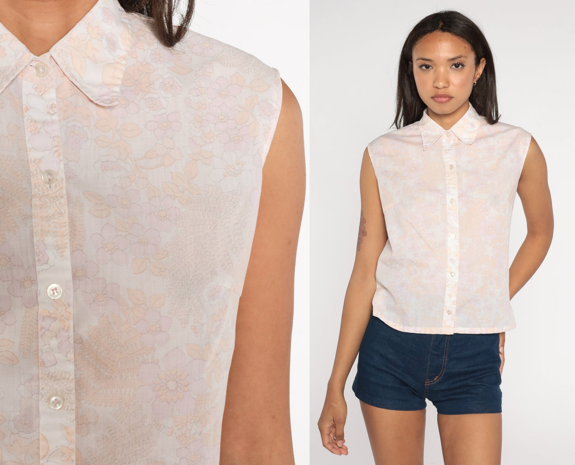 70s Floral Tank Top White Lavender Button-Up Sleeveless Blouse Small