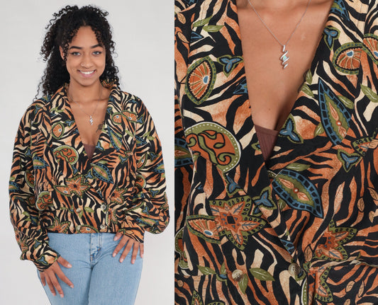 00s Silk Tiger Stripe Windbreaker Jacket Floral Deep V Black Burnt Orange Large