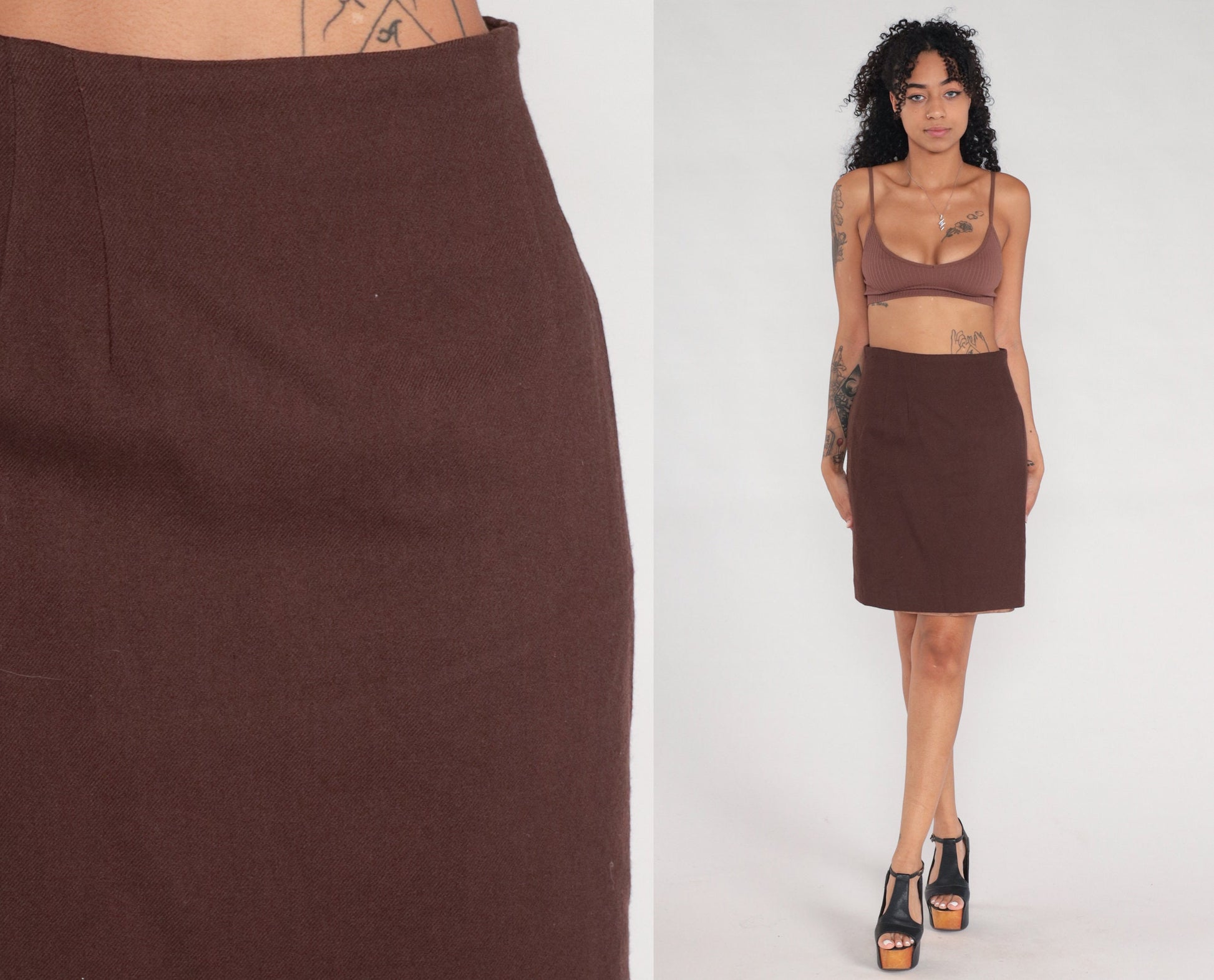 70s Brown Wool Pencil Skirt High Waist Rear Zip Small