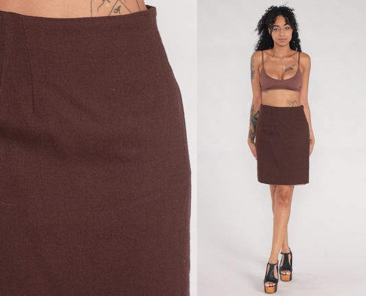 70s Brown Wool Pencil Skirt High Waist Rear Zip Small