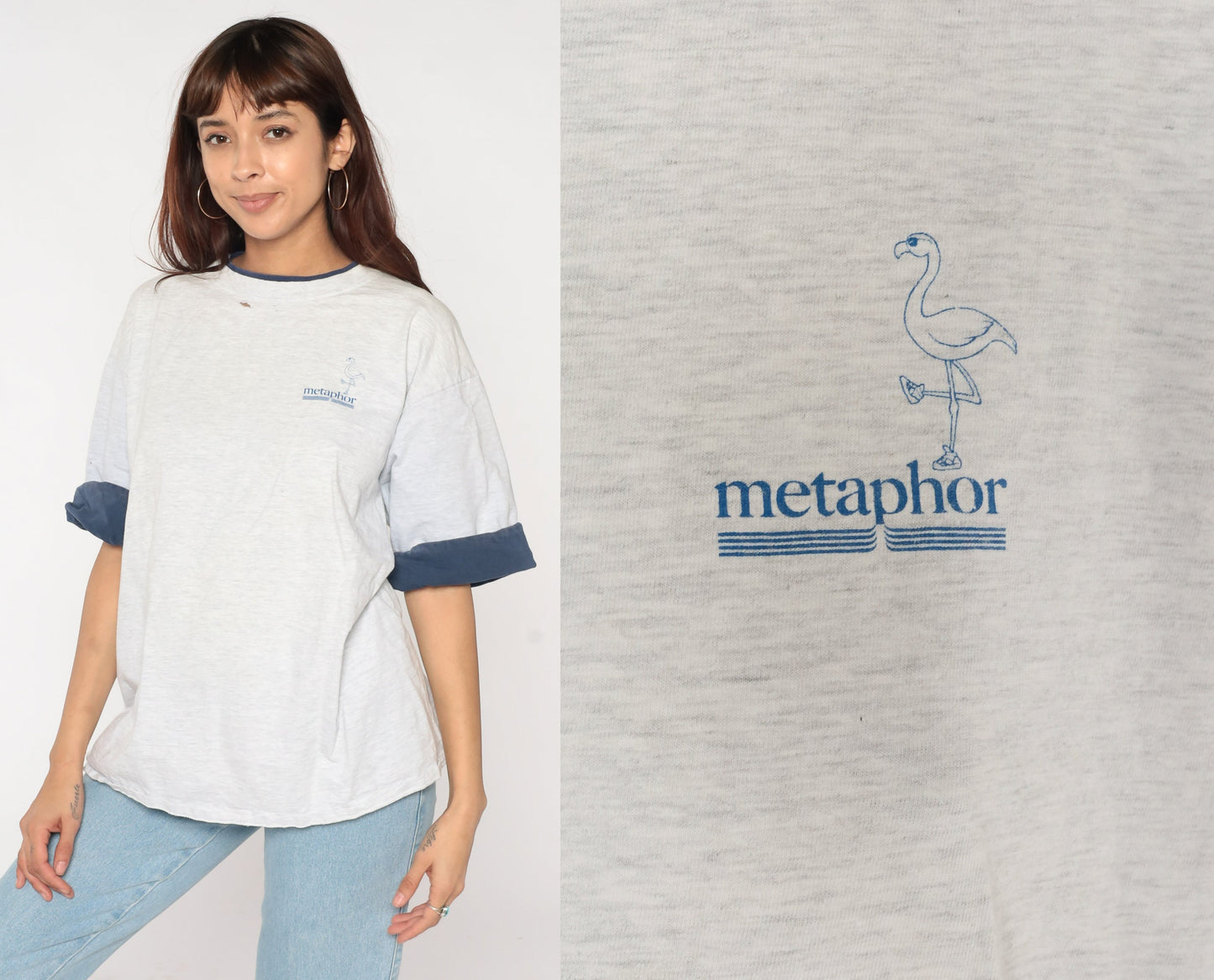90s Metaphor Flamingo Logo T-Shirt Cuffed Sleeve Heather Grey XXL