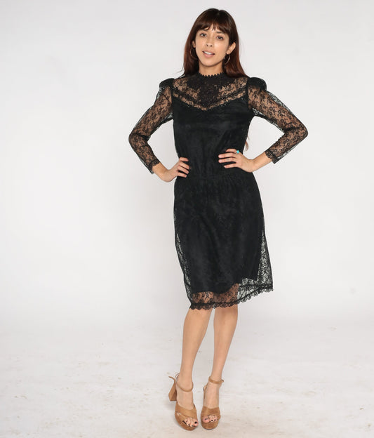 80s Scott McClintock Black Lace Midi Dress Beaded Illusion Neckline Small