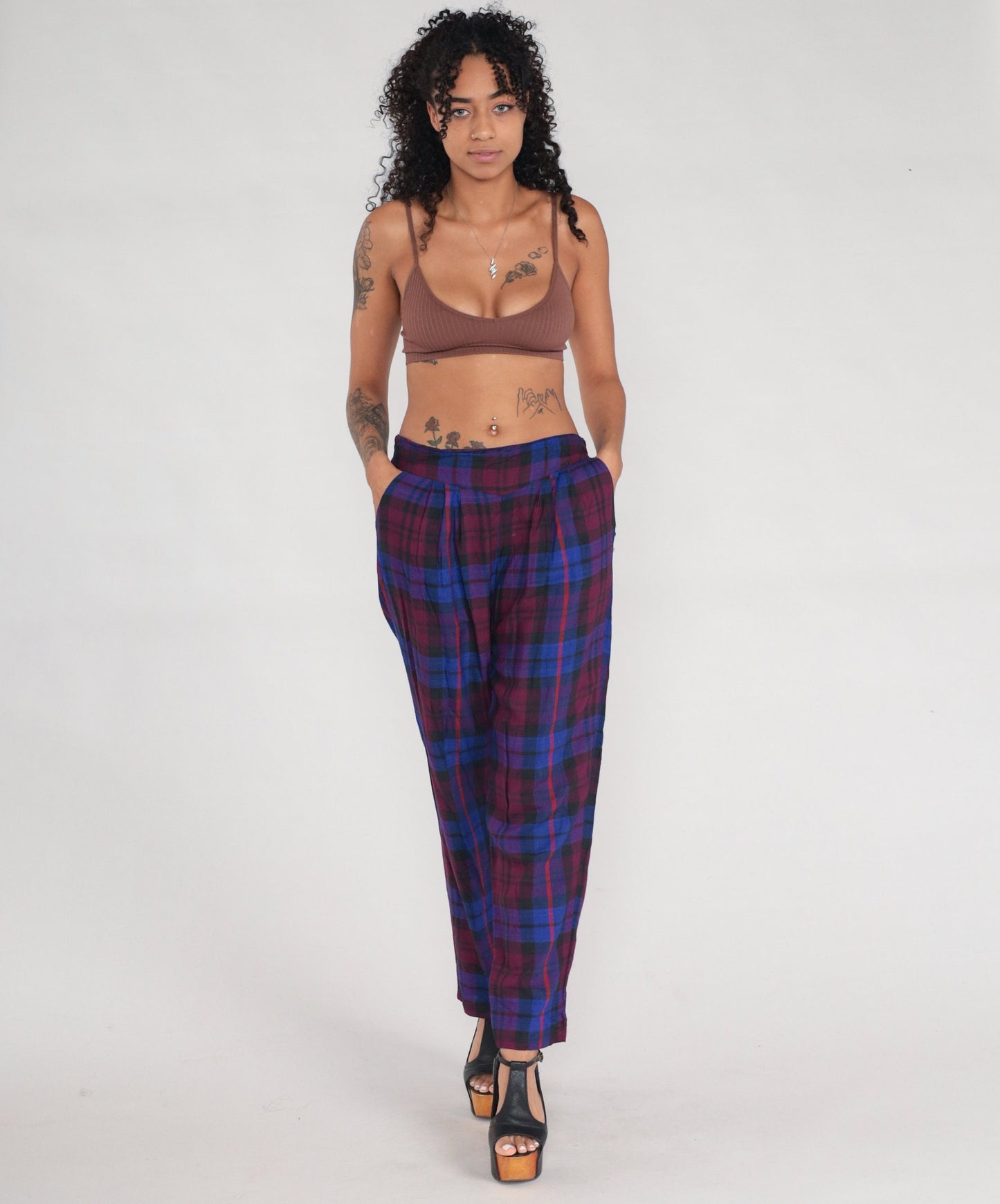 90s Plaid Tapered Trousers Purple Blue High Waisted Pleated Rayon Large