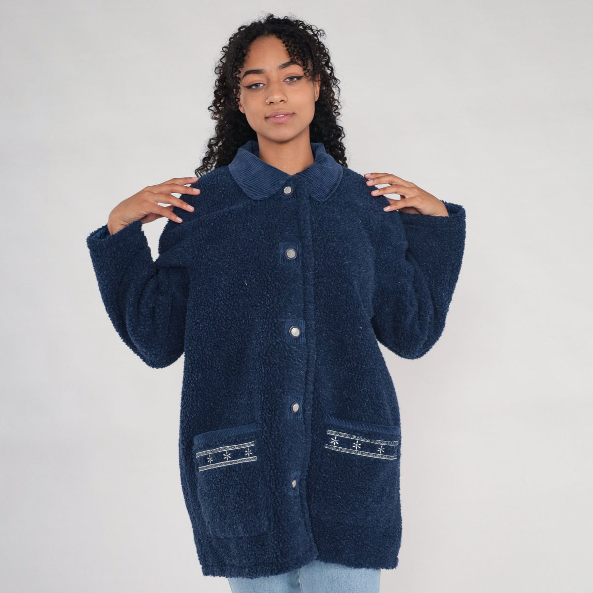 90s Reversible Fleece Jacket Navy Blue Corduroy Collar Extra Large 1X