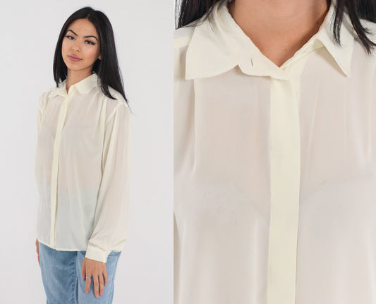 90s Evan Picone Cream Pleated Button-Up Blouse Collared Long Sleeve Large