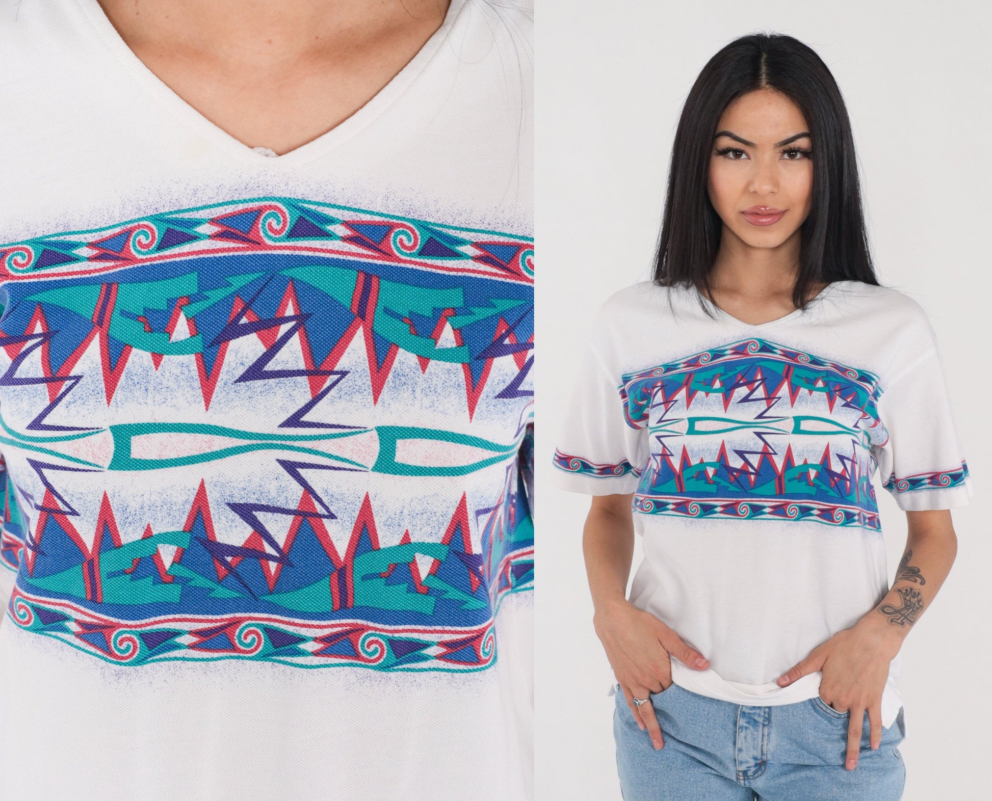 90s Abstract Geometric Print V-Neck T-Shirt White Blue Red Green Small