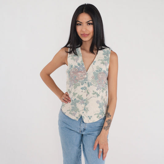 90s Floral Tapestry Button-Up Vest Cream Woven Sleeveless Small