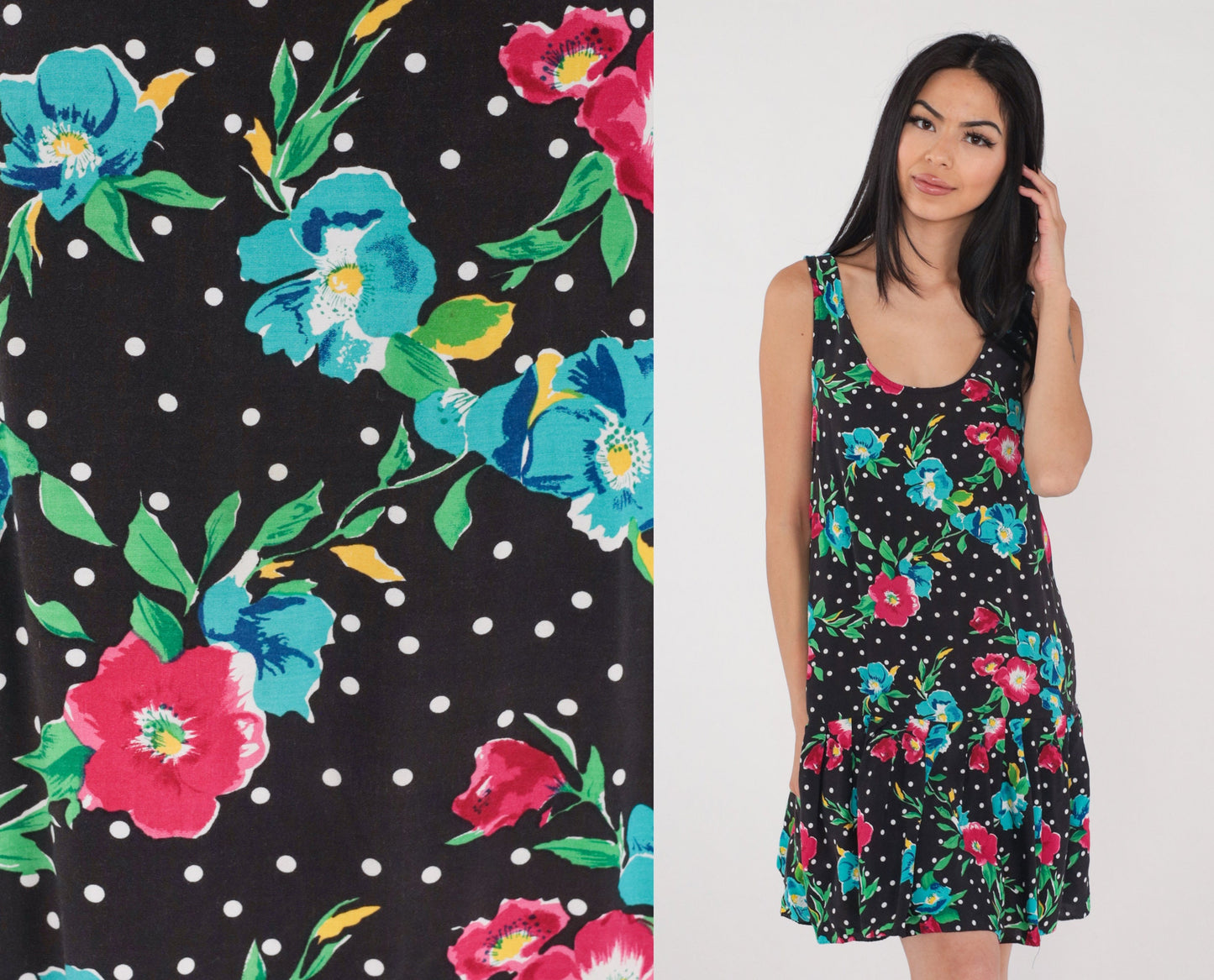 90s Black Floral Polka Dot Mini Dress Drop Waist Ruffle Sleeveless Small