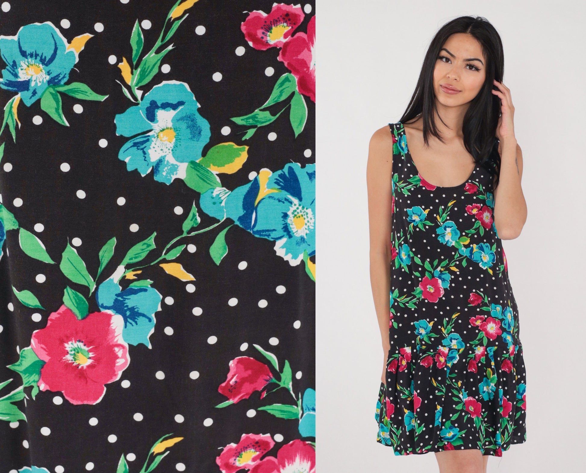 90s Black Floral Polka Dot Mini Dress Drop Waist Ruffle Sleeveless Small