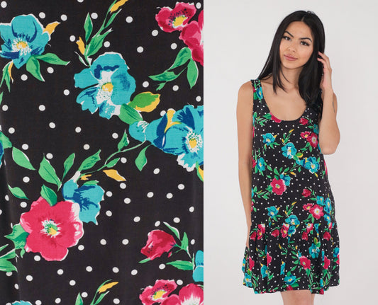 90s Black Floral Polka Dot Mini Dress Drop Waist Ruffle Sleeveless Small