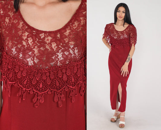 90s Red Lace Illusion Midi Dress Front Slit Short Sleeve Medium