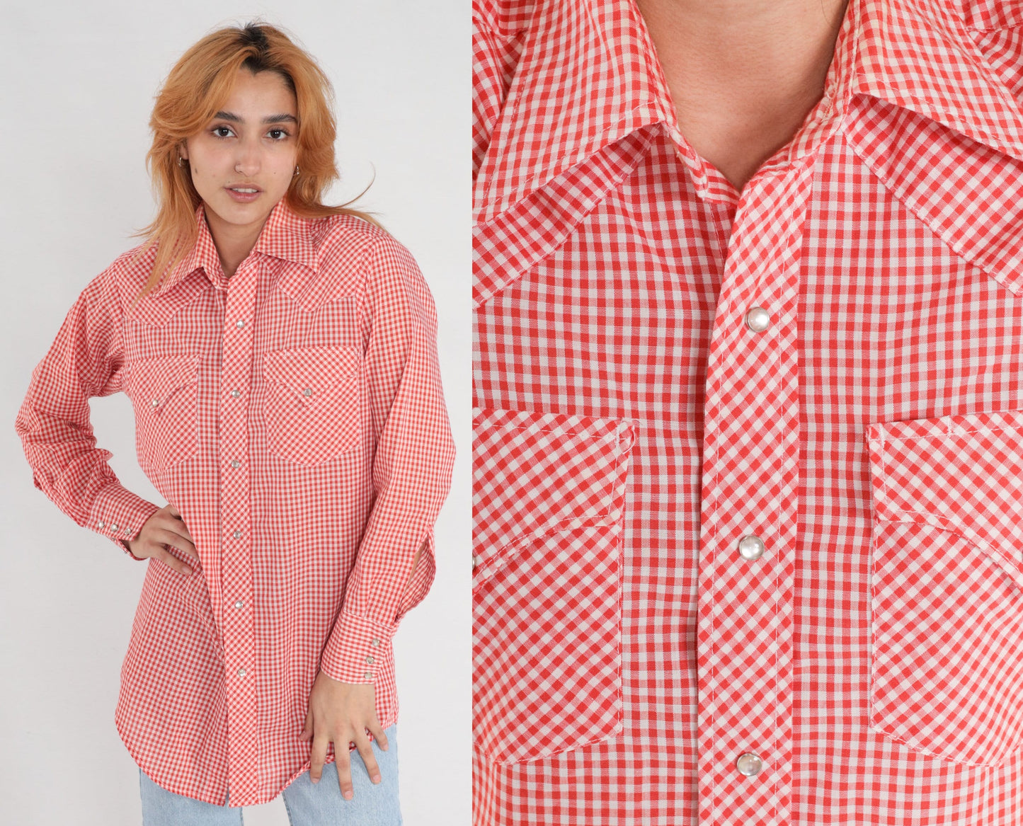 70s Lee Red Gingham Pearl Snap Western Shirt Plaid Cotton Blend Small