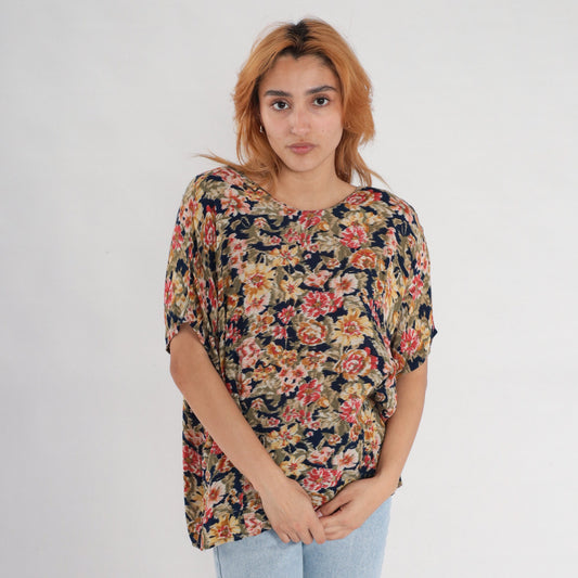 90s Karen Scott Floral Blouse Short Sleeve Rayon Navy Yellow Pink Large L