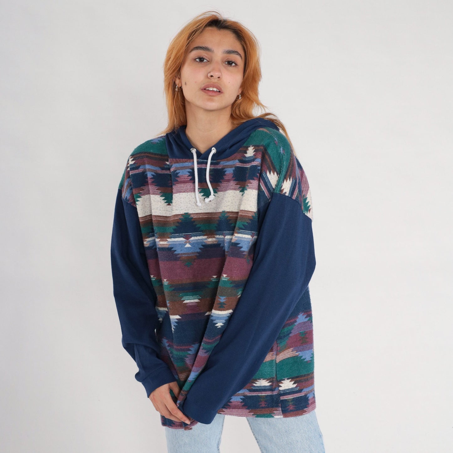 90s Southwestern Aztec Hooded Fleece Tee Dark Blue Cotton Large