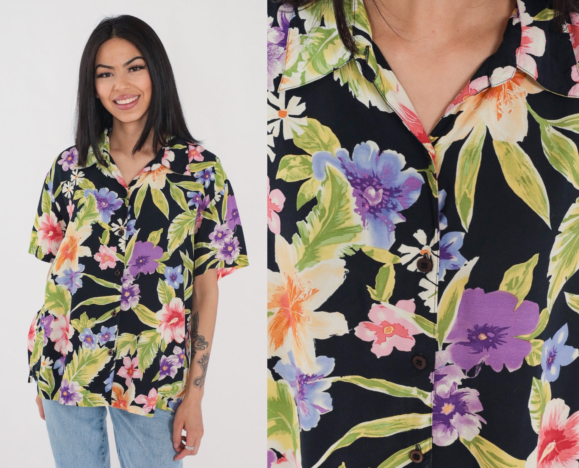 90s Tropical Floral Black Button Up Blouse Short Sleeve Rayon Shirt Extra Large XL