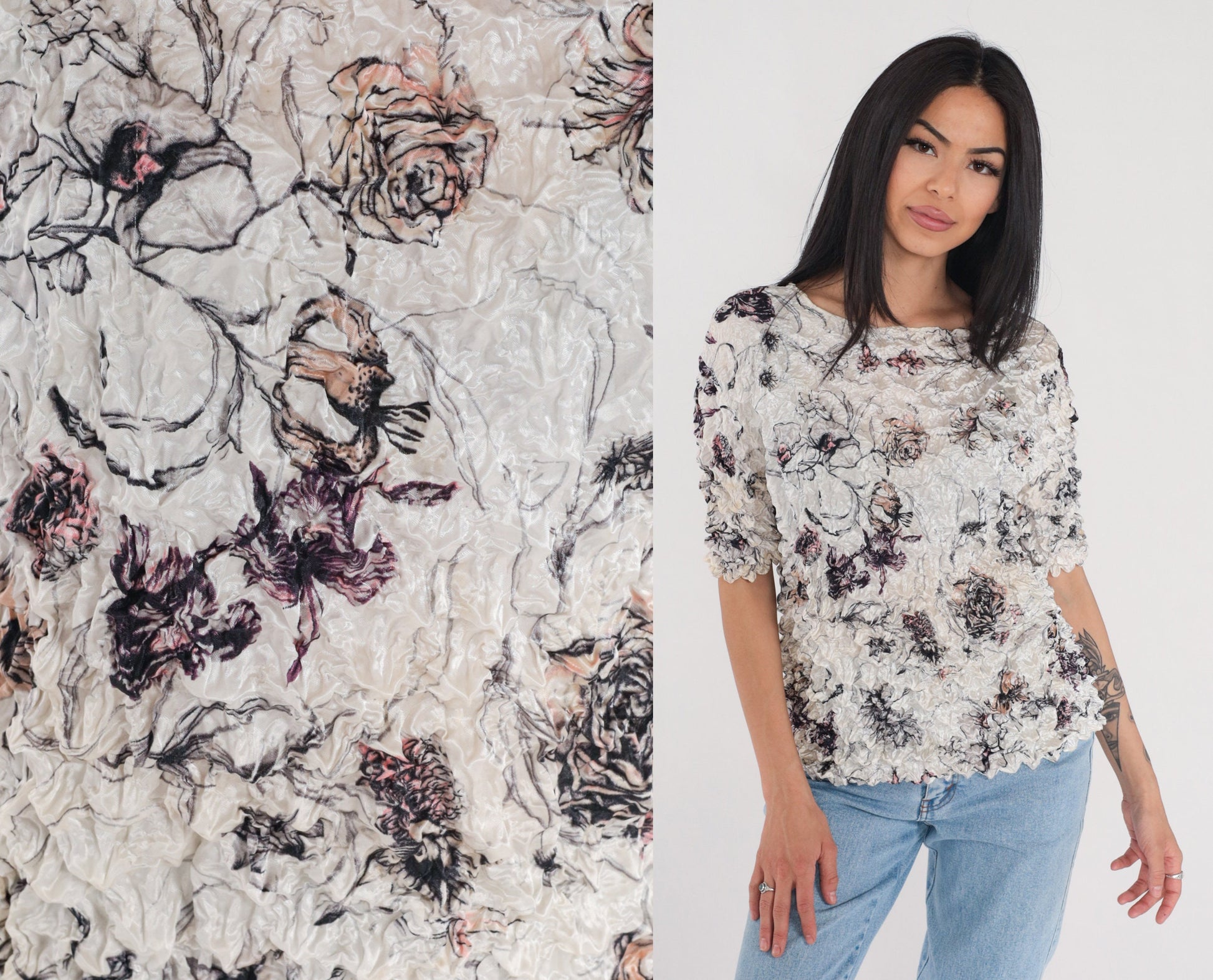 90s Floral Popcorn Texture Blouse Short Sleeve Stretchy Rose Print Small