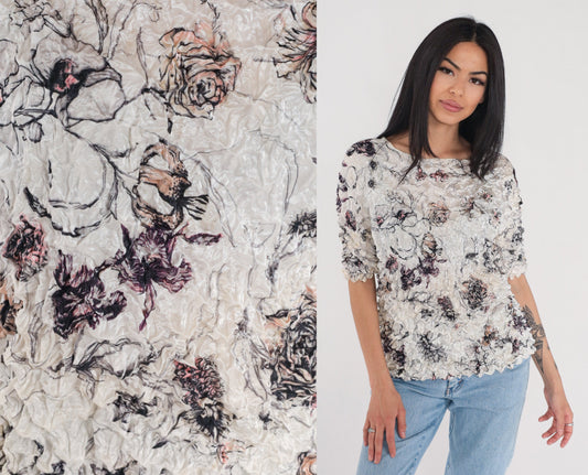 90s Floral Popcorn Texture Blouse Short Sleeve Stretchy Rose Print Small