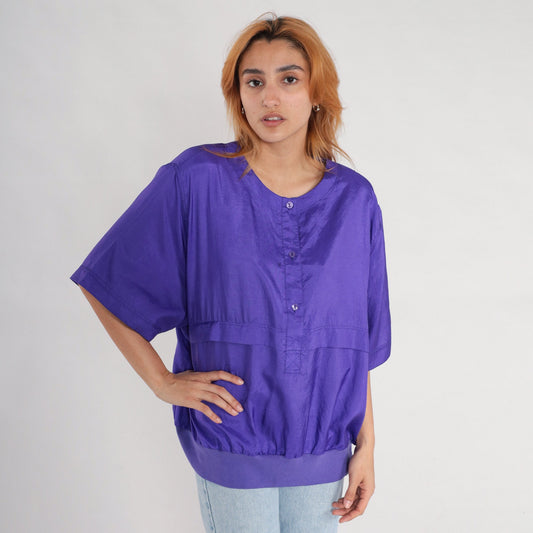 90s Leslie Fay Purple Button-Up Blouse Half Sleeve Banded Hem XXL