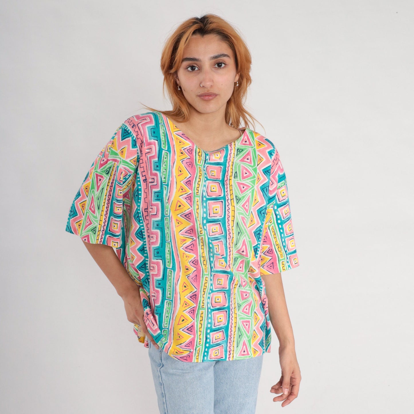90s Geometric Striped T-Shirt Green Blue Pink Surfer Print Extra Extra Large XXL