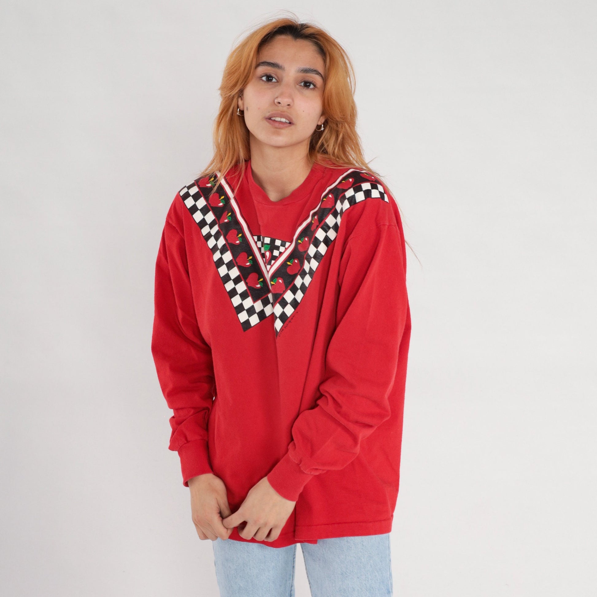 90s Apple Checkered Print Long Sleeve T-Shirt Red Extra Large XL