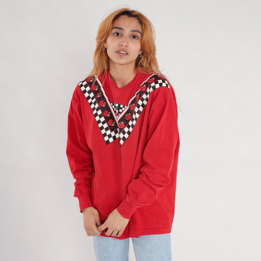 90s Apple Checkered Print Long Sleeve T-Shirt Red Extra Large XL