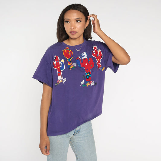 90s Cactus Saguaro Painted T-Shirt Purple Southwest Graphic Cotton Tee