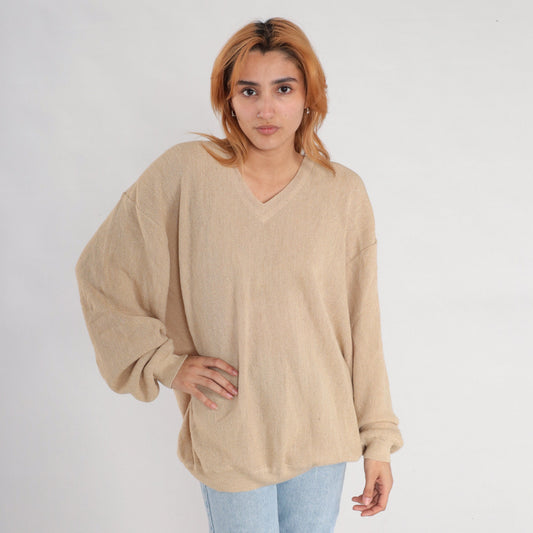 90s Tan Alpaca Wool V-Neck Sweater Pullover Knit Extra Large