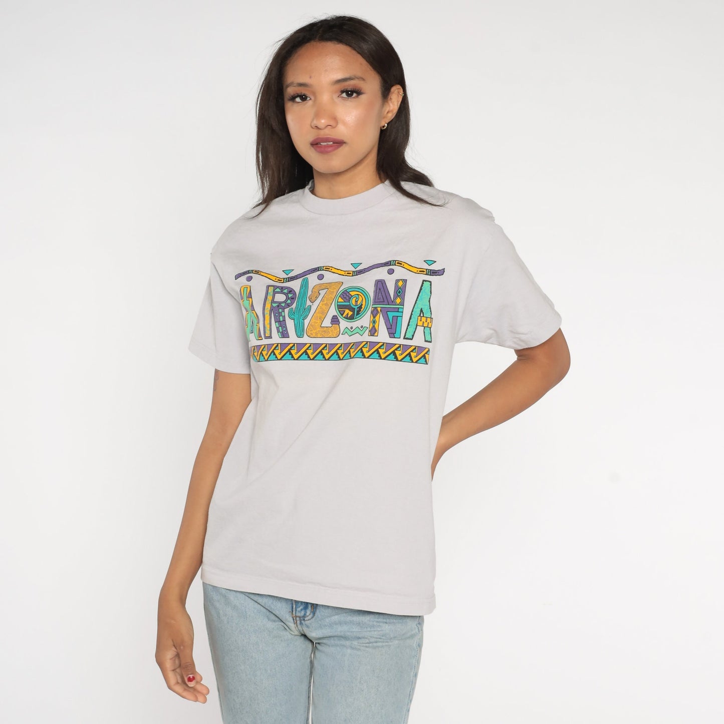 Y2K Arizona Southwestern Cactus Graphic T-Shirt Grey Cotton Medium