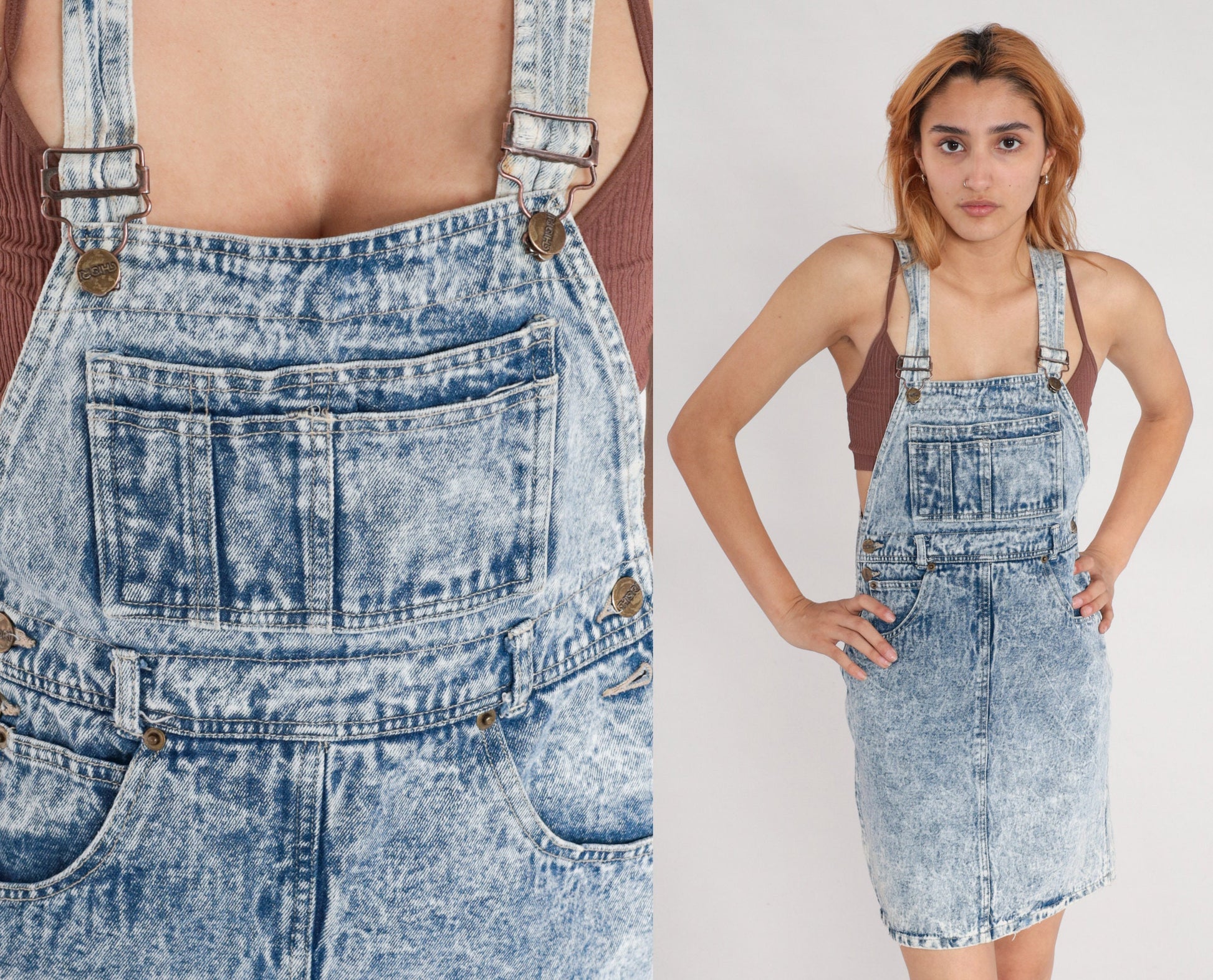 80s Acid Wash Denim Overall Dress Mini Sleeveless Bib Jumper Small
