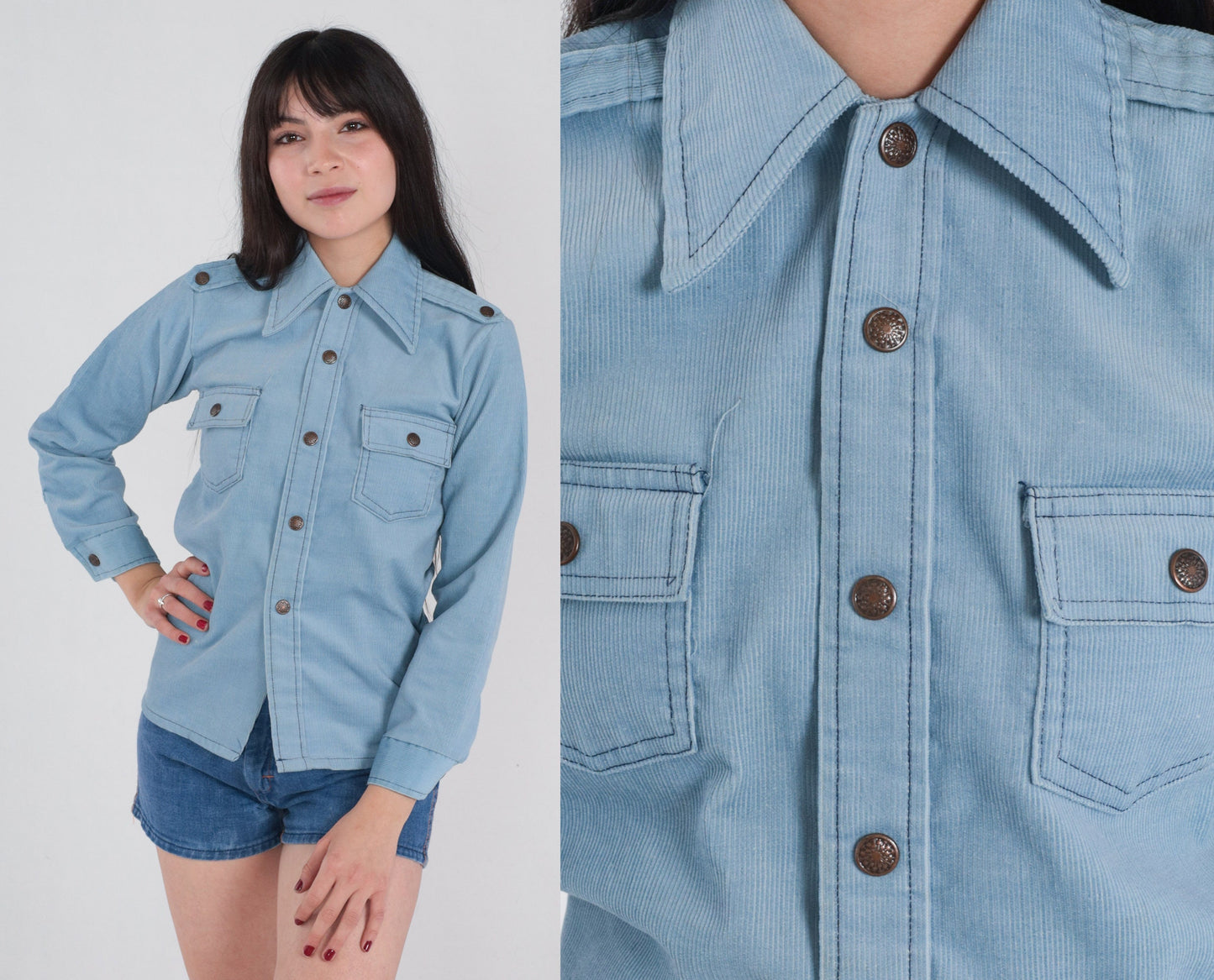 70s Baby Blue Corduroy Snap Button Shirt Epaulette Collar Long Sleeve XS