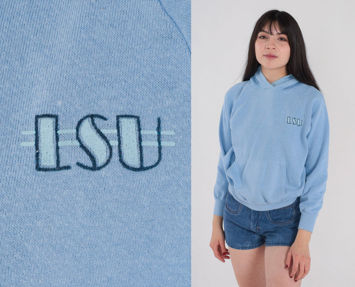80s LSU Louisiana State University Hoodie Baby Blue Raglan Small