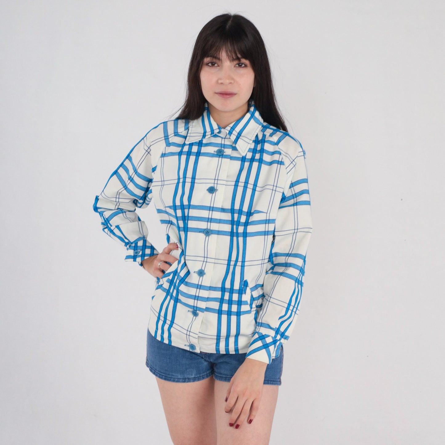 60s Plaid Button-Up Jacket White Blue Checkered Cotton Raglan Medium