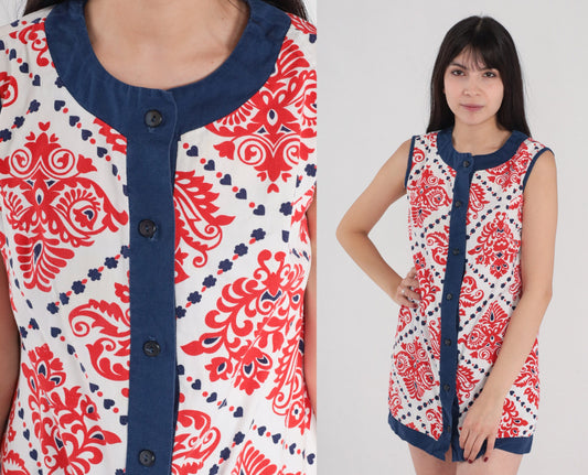 70s Mod Sleeveless Tunic Tank Top White Red Tile Print Blue Trim Small S