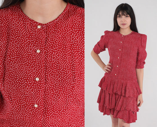 90s Red Polka Dot Mini Dress Puff Sleeve Pearl Button Drop Waist Small S
