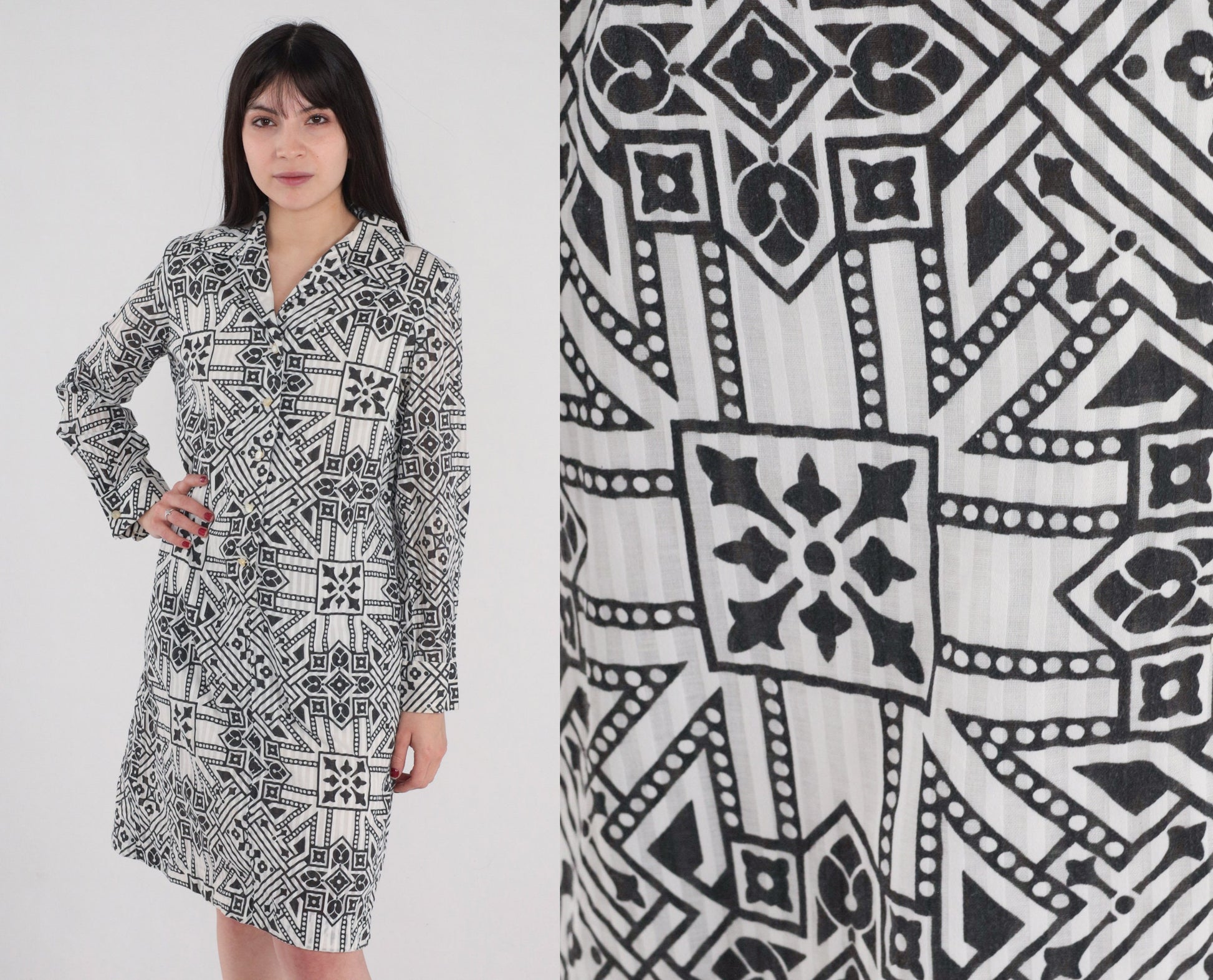 60s Byer Shift Dress Black White Geometric Mini Long Sleeve Medium
