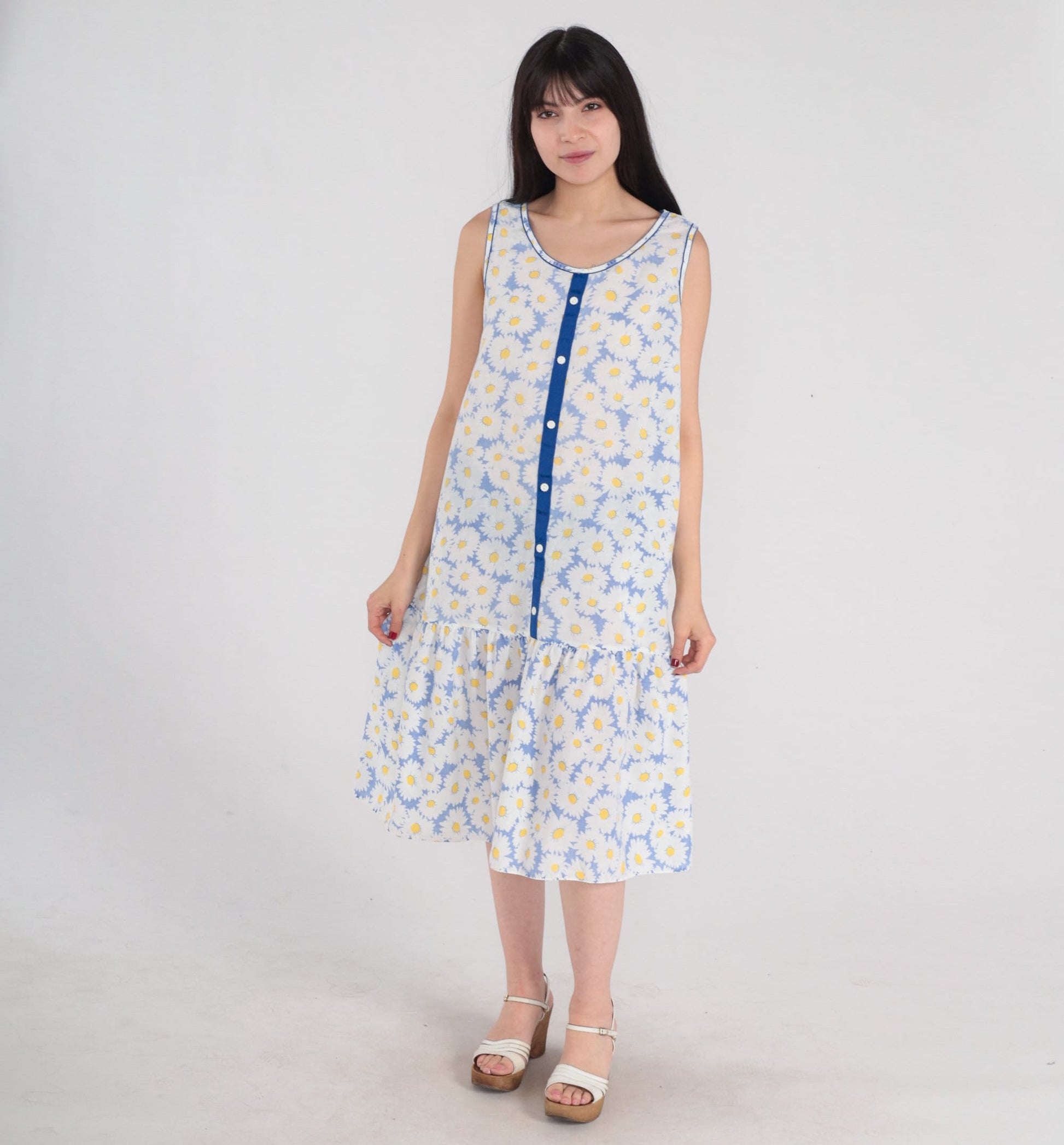 80s Floral Daisy Print Midi Dress Drop Waist Sleeveless Blue White Medium M